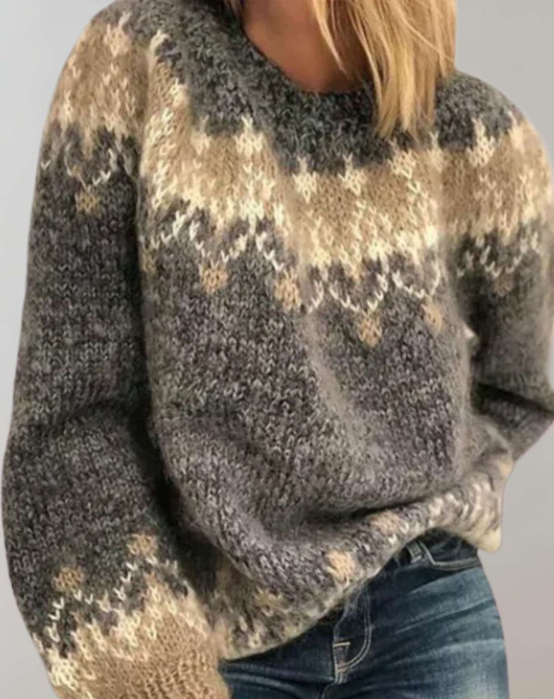 Neila - Schlichter dreifarbiger Oversized-Strickpullover mit Rundhalsausschnitt und Rippenbündchen