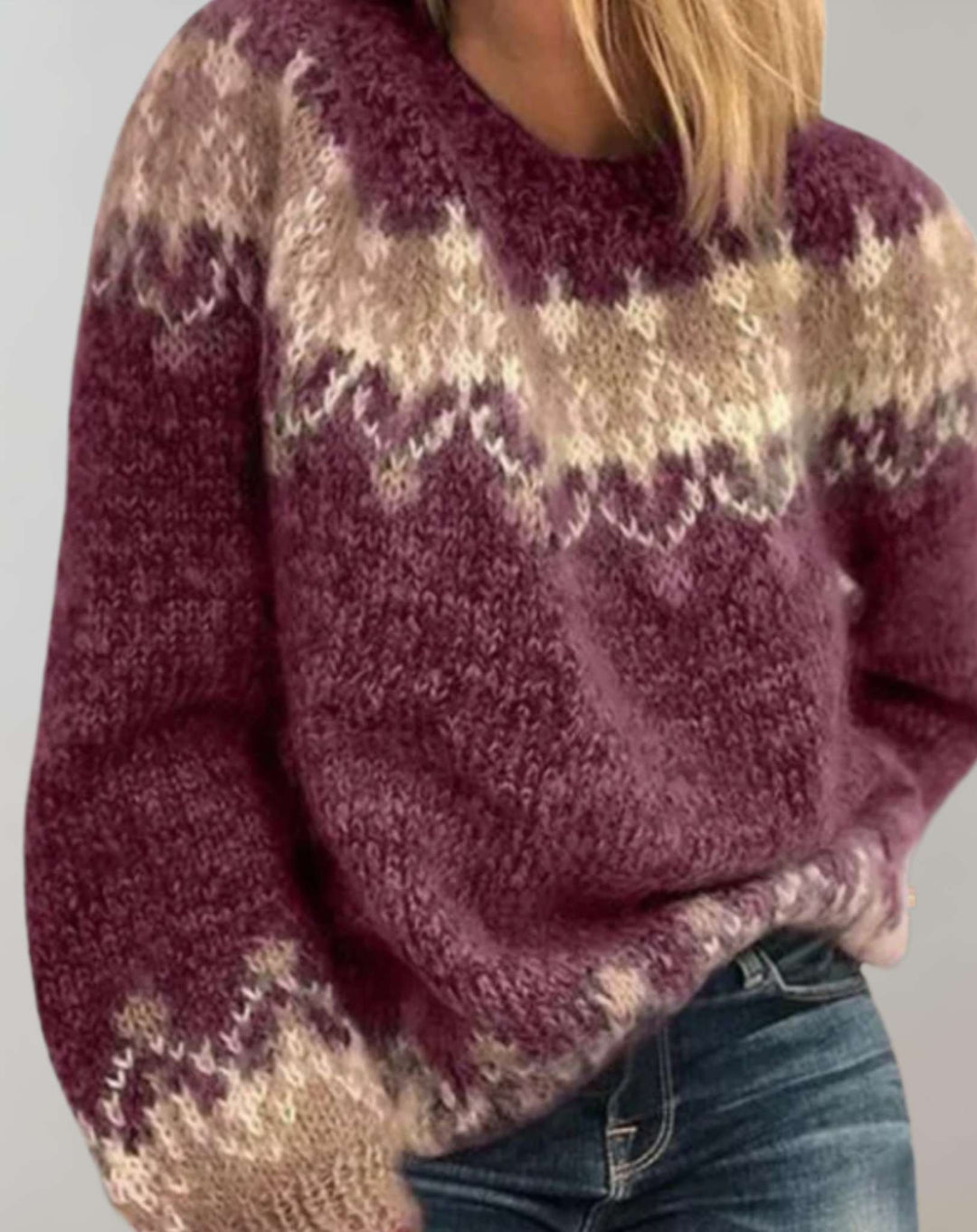 Neila - Schlichter dreifarbiger Oversized-Strickpullover mit Rundhalsausschnitt und Rippenbündchen