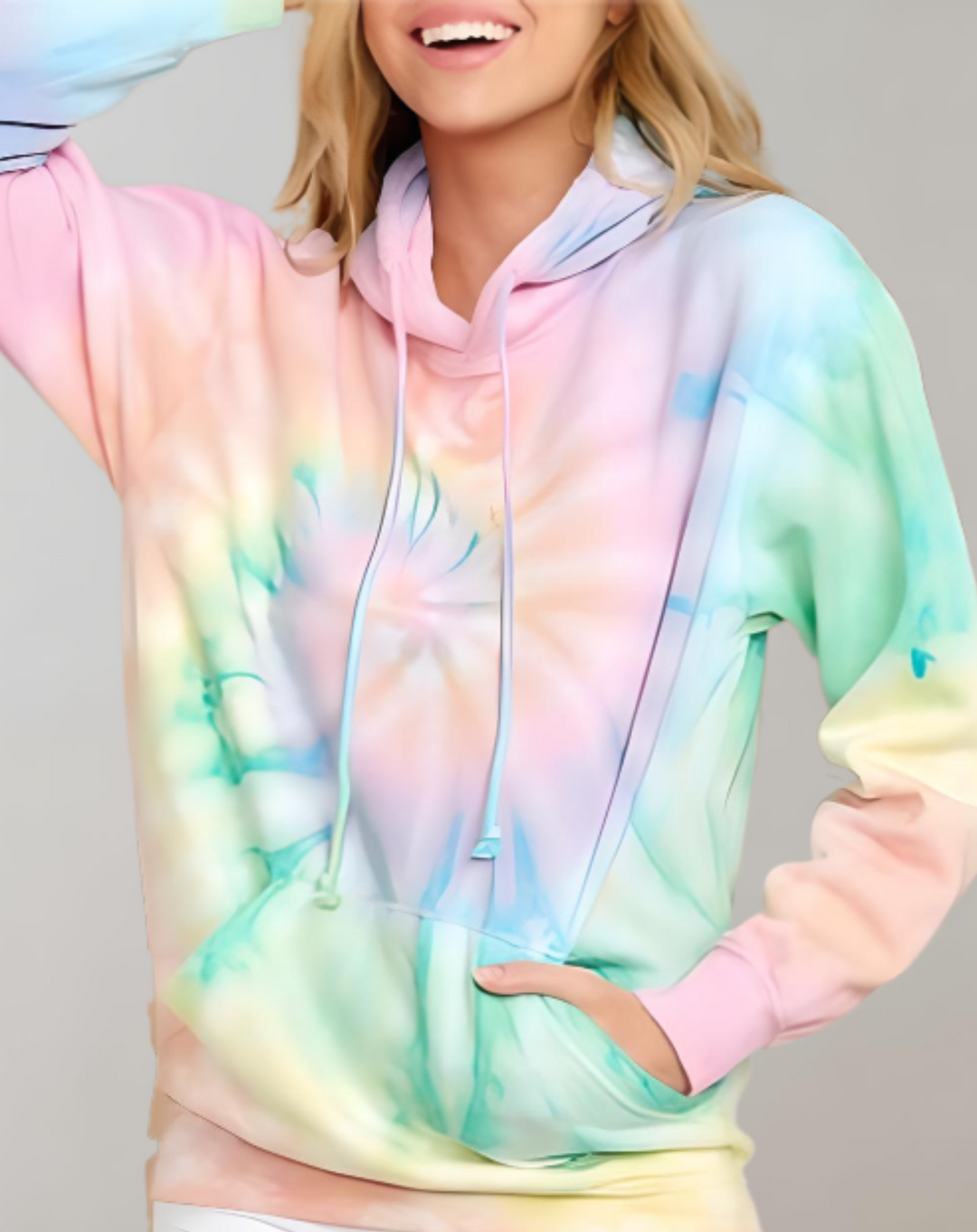 Cassy - Tye-Dye Langarm-Kapuzenpulli mit Kordelzug, gerippten Ärmeln und Taschen