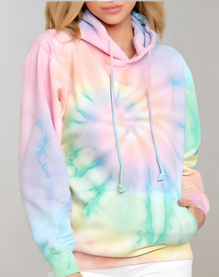 Cassy - Tye-Dye Langarm-Kapuzenpulli mit Kordelzug, gerippten Ärmeln und Taschen