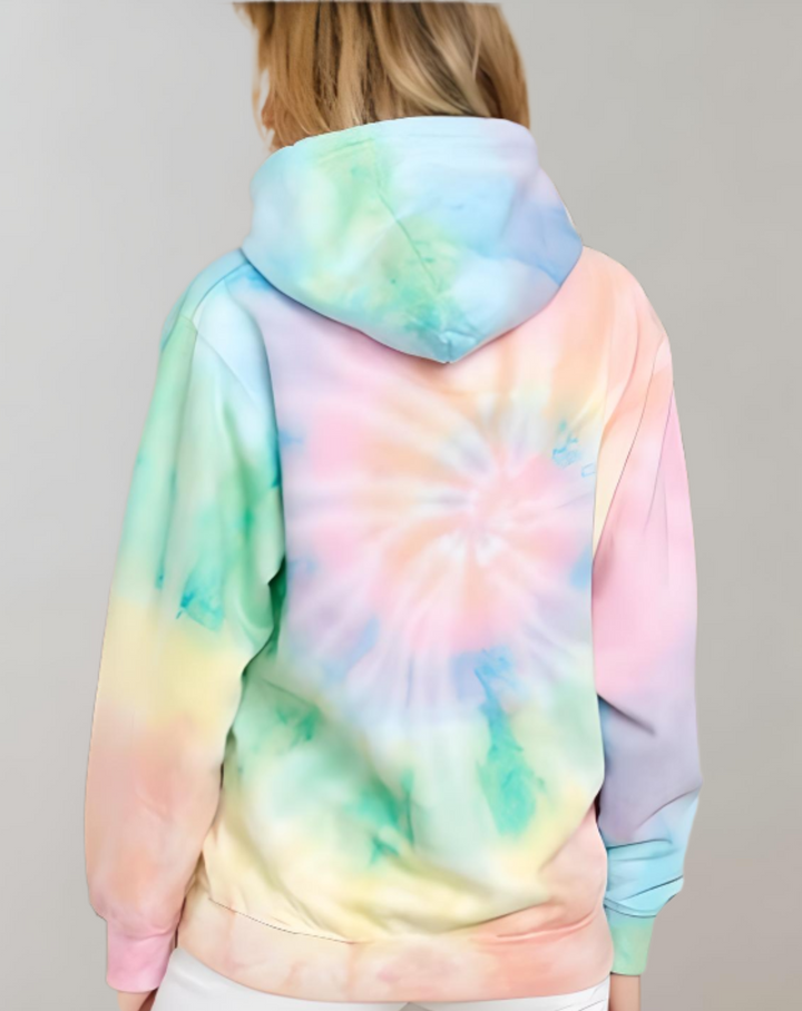 Cassy - Tye-Dye Langarm-Kapuzenpulli mit Kordelzug, gerippten Ärmeln und Taschen