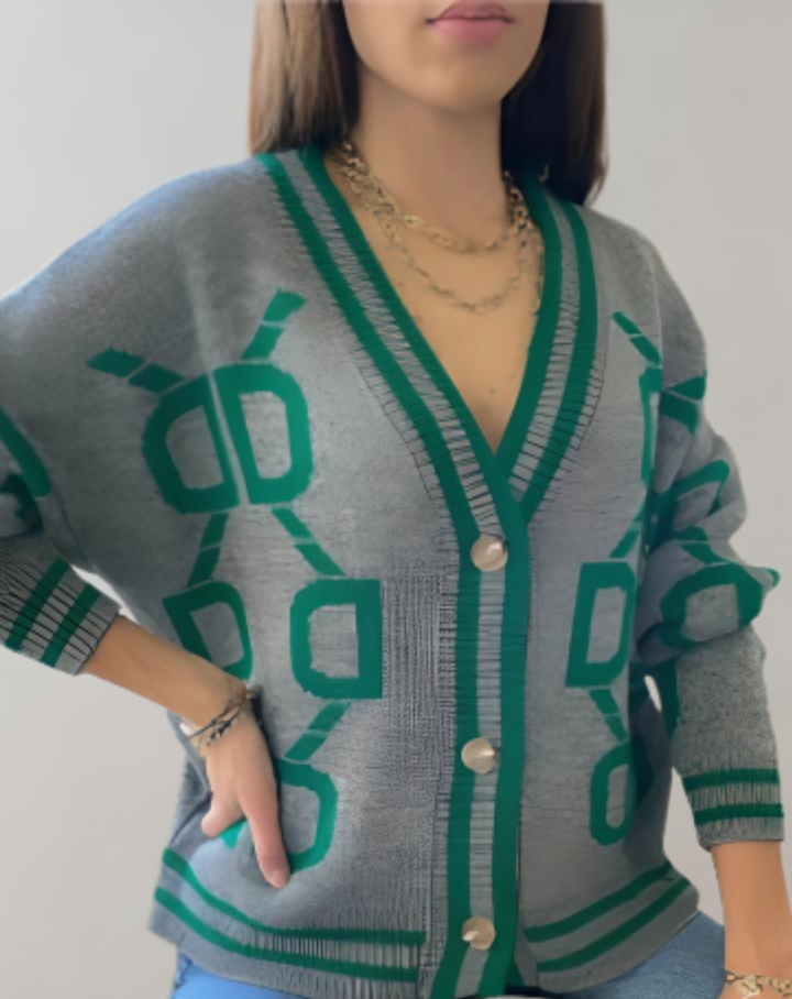 Jazzy - einfacher Strickpullover mit V-Ausschnitt, Knopfleiste und D-Muster