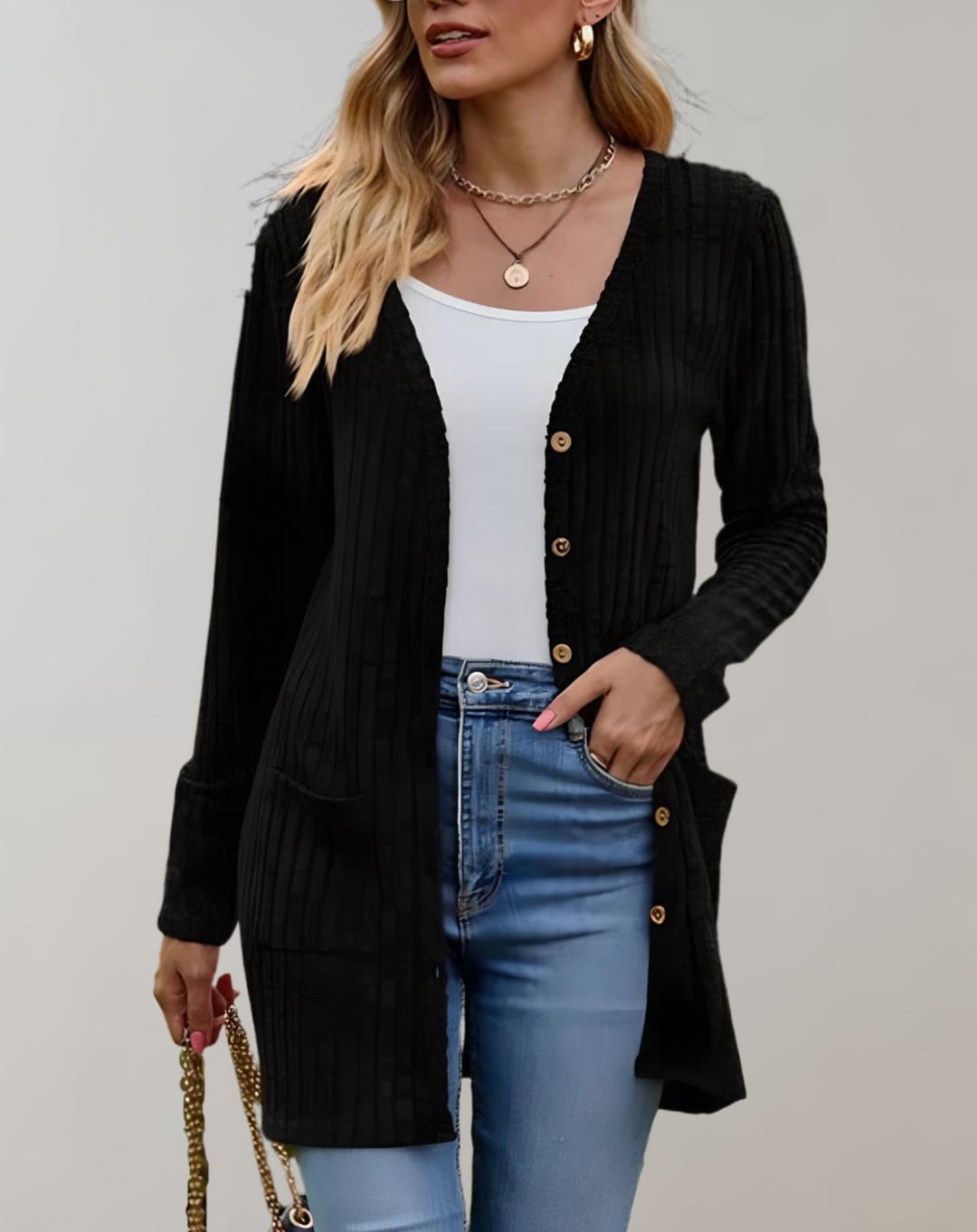 Leny - Einfach zu tragender langer Cardigan-Pullover mit Taschen und V-Ausschnitt