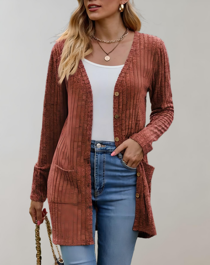 Leny - Einfach zu tragender langer Cardigan-Pullover mit Taschen und V-Ausschnitt