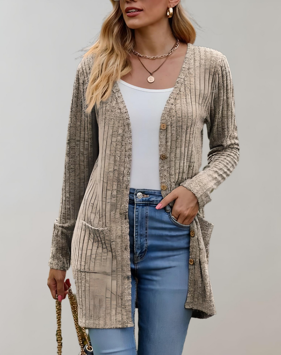 Leny - Einfach zu tragender langer Cardigan-Pullover mit Taschen und V-Ausschnitt