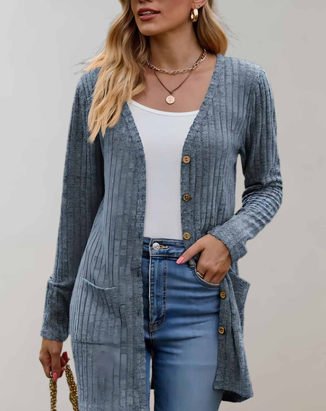 Leny - Einfach zu tragender langer Cardigan-Pullover mit Taschen und V-Ausschnitt