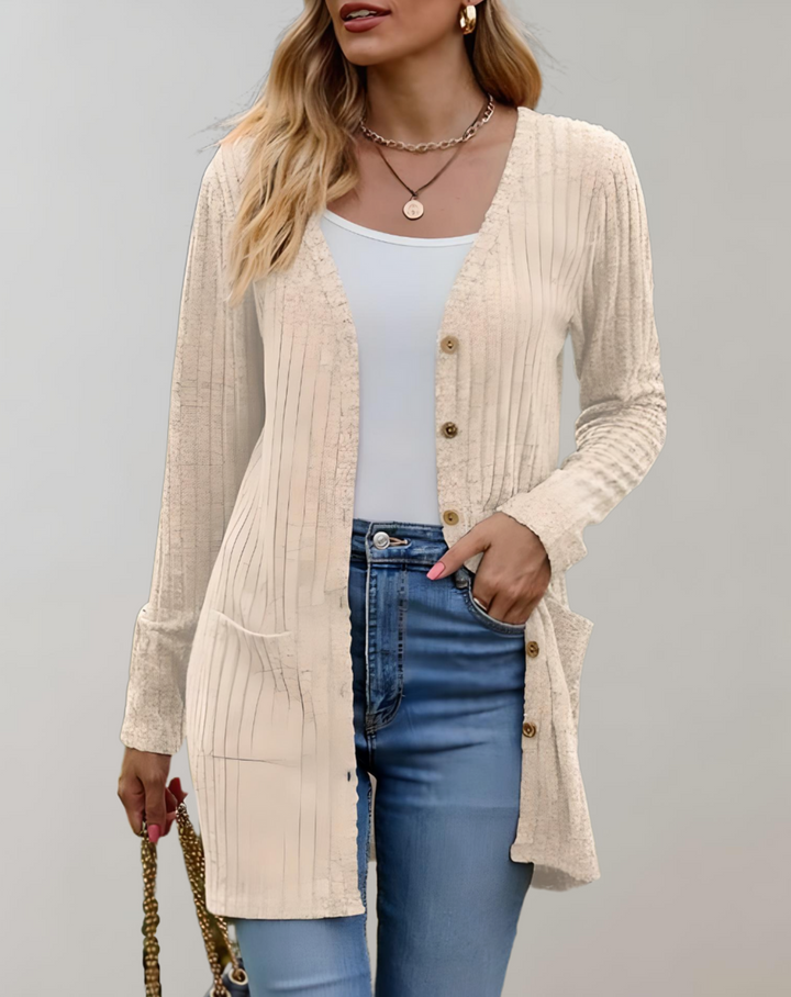 Leny - Einfach zu tragender langer Cardigan-Pullover mit Taschen und V-Ausschnitt