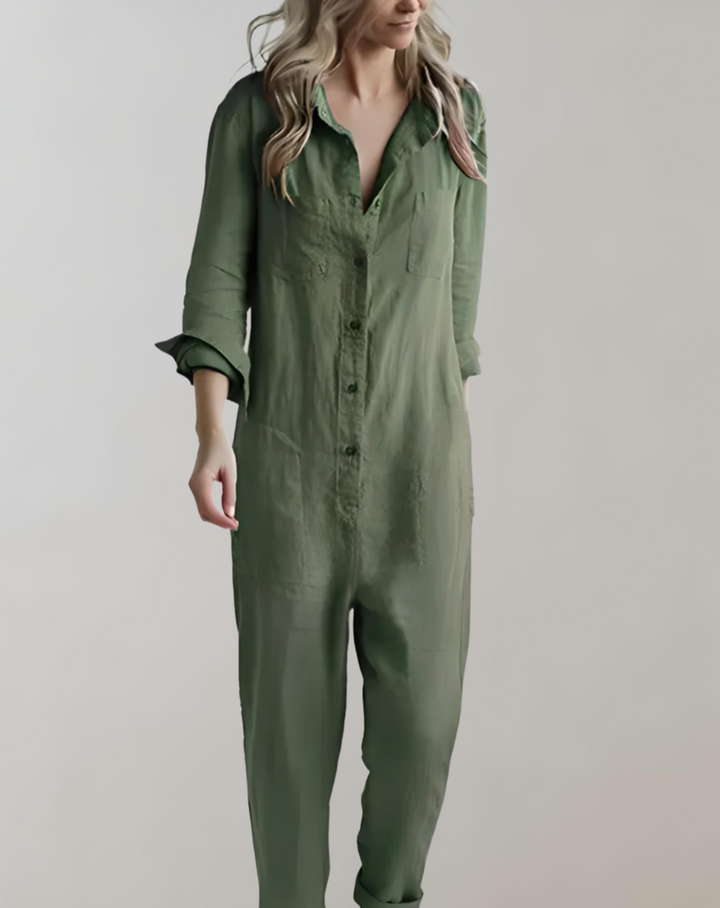 Kelly - legerer, lockerer Jumpsuit mit umklappbaren Ärmeln, Brusttaschen und Knopfleiste