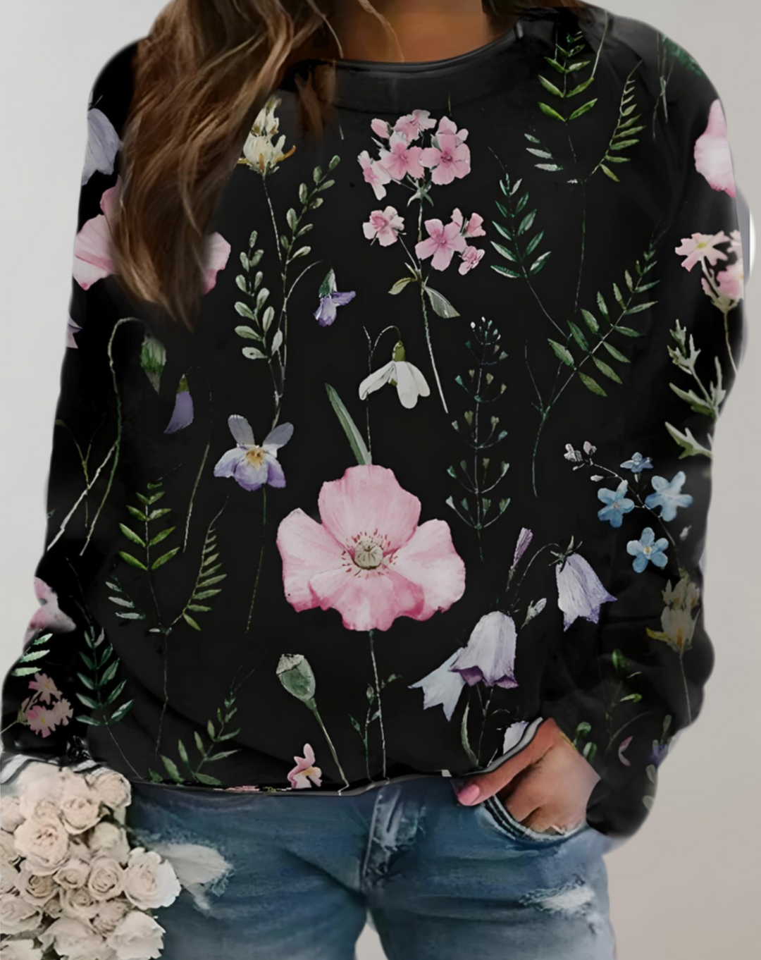 Karina -Lässiger Pullover mit Rundhalsausschnitt und Blumendruck