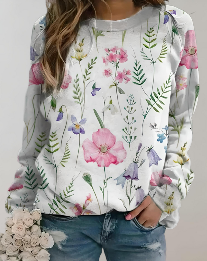 Karina -Lässiger Pullover mit Rundhalsausschnitt und Blumendruck